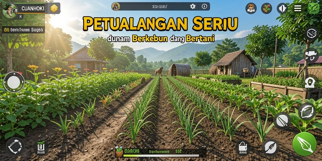 Screenshot gameplay CUANHOKI yang menampilkan ladang hijau yang subur.