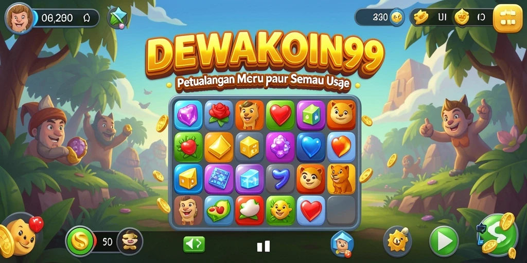 Screenshot gameplay DEWAKOIN99 menampilkan serunya permainan Match-3 yang penuh warna.