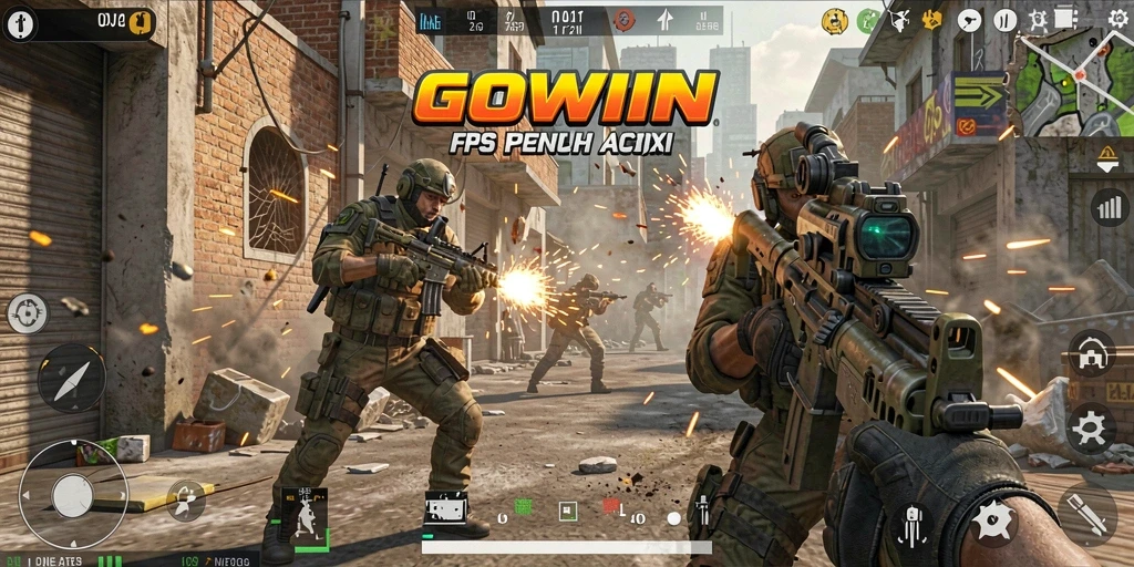 Screenshot GOWIN menunjukkan pertempuran FPS yang intens dan dinamis.