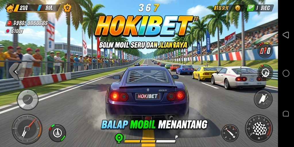 Screenshot HOKIBET menampilkan aksi balapan mobil yang mendebarkan.