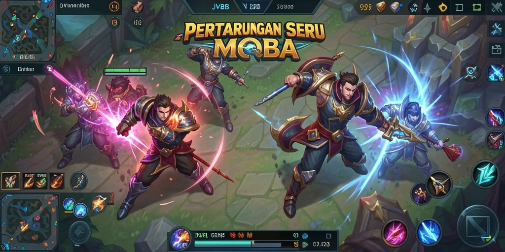 Screenshot gameplay JV88 yang menampilkan aksi pertarungan MOBA yang intens.