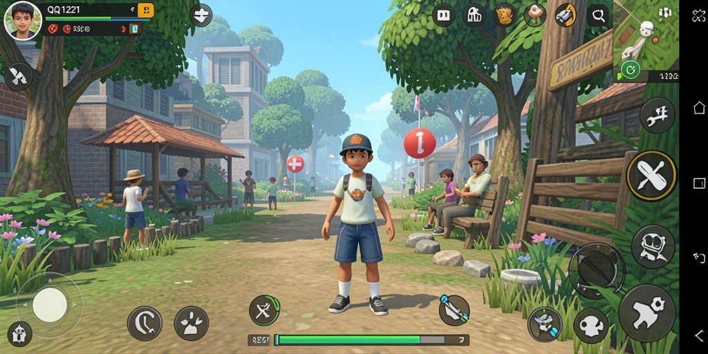 Screenshot gameplay QQ1221 menampilkan karakter yang sedang beraktivitas di dunia virtual.
