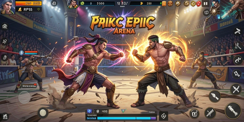 Tampilan gameplay seru dalam RP55 saat bertarung di arena.