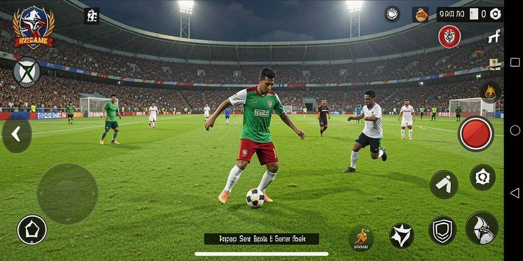Screenshot RPGAME yang menampilkan aksi pertandingan sepak bola yang mendebarkan.