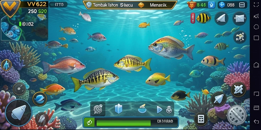 Screenshot VV62 menampilkan gameplay seru dalam menembak ikan.